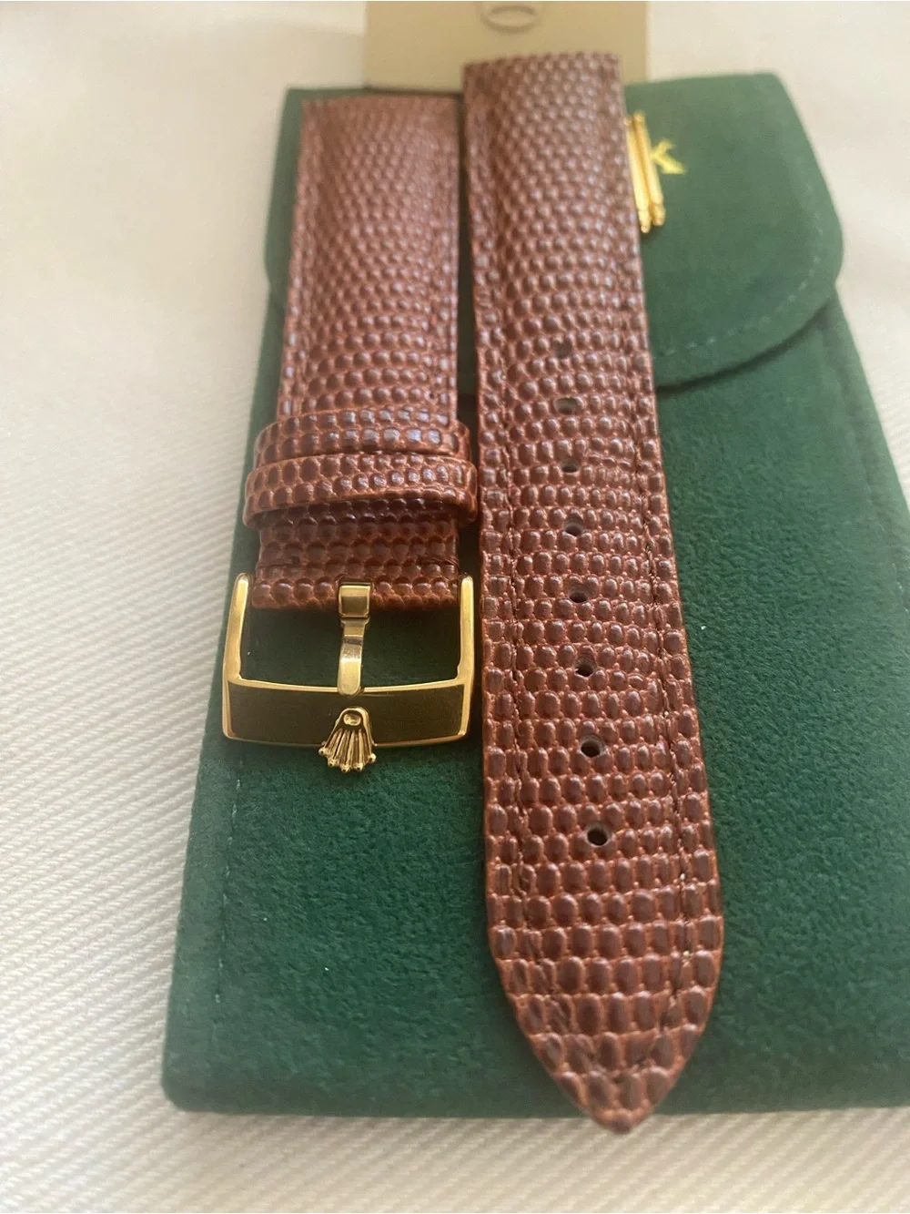 Vintage Brown Lizard-Texture Leather Watch Strap Rolex Gold Plated Buckle 20mm